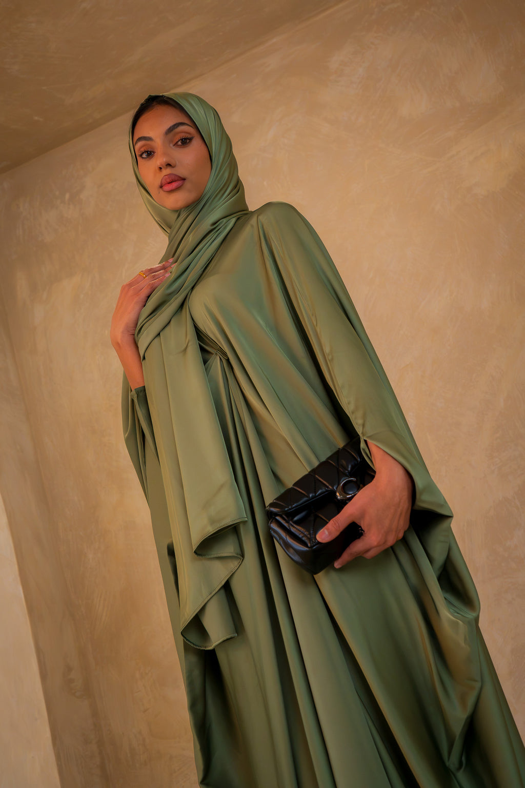 Pleated Wrap Abaya - Olive