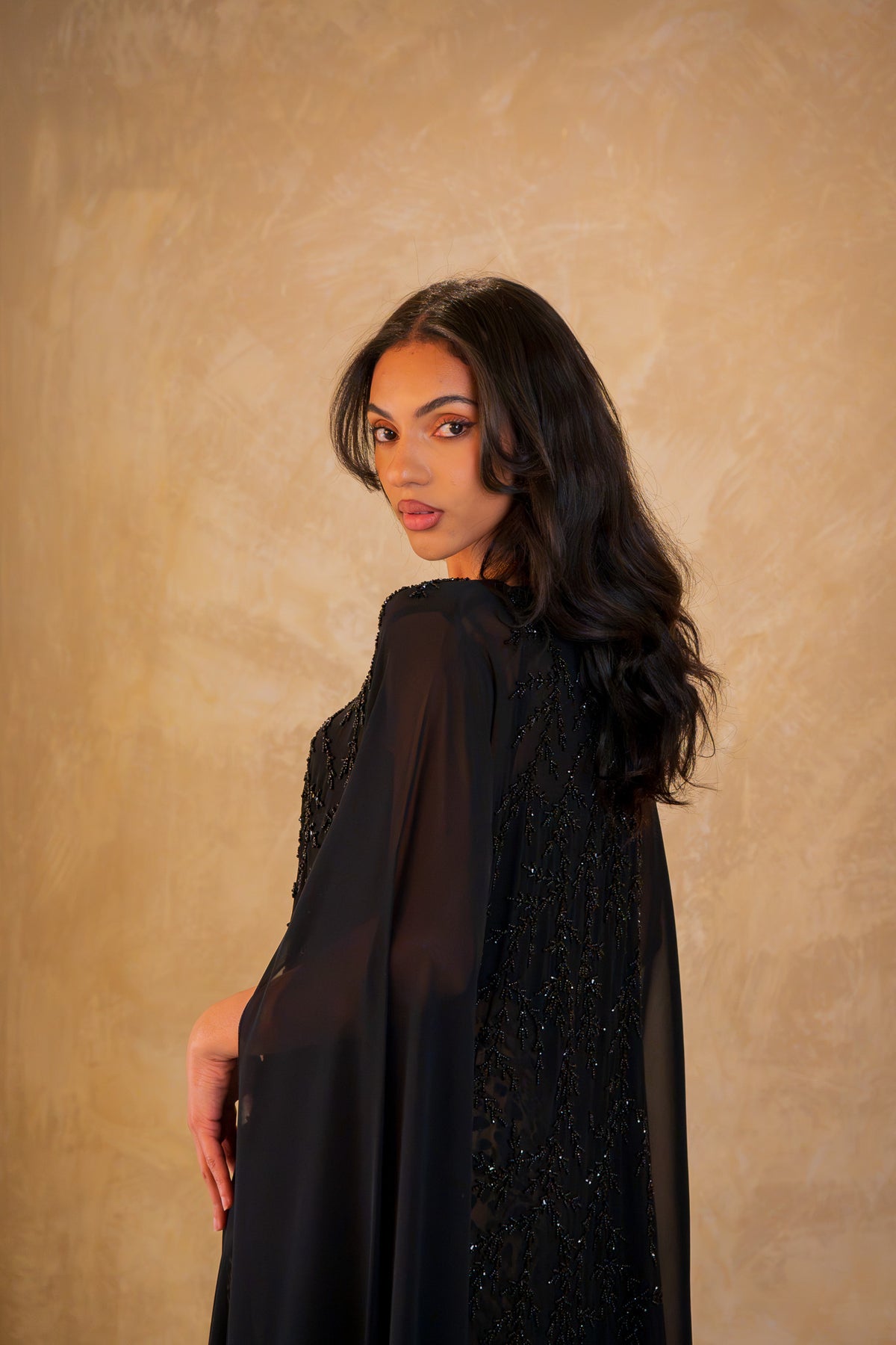 Beaded Chiffon Abaya With Elegant Flowy Sleeves