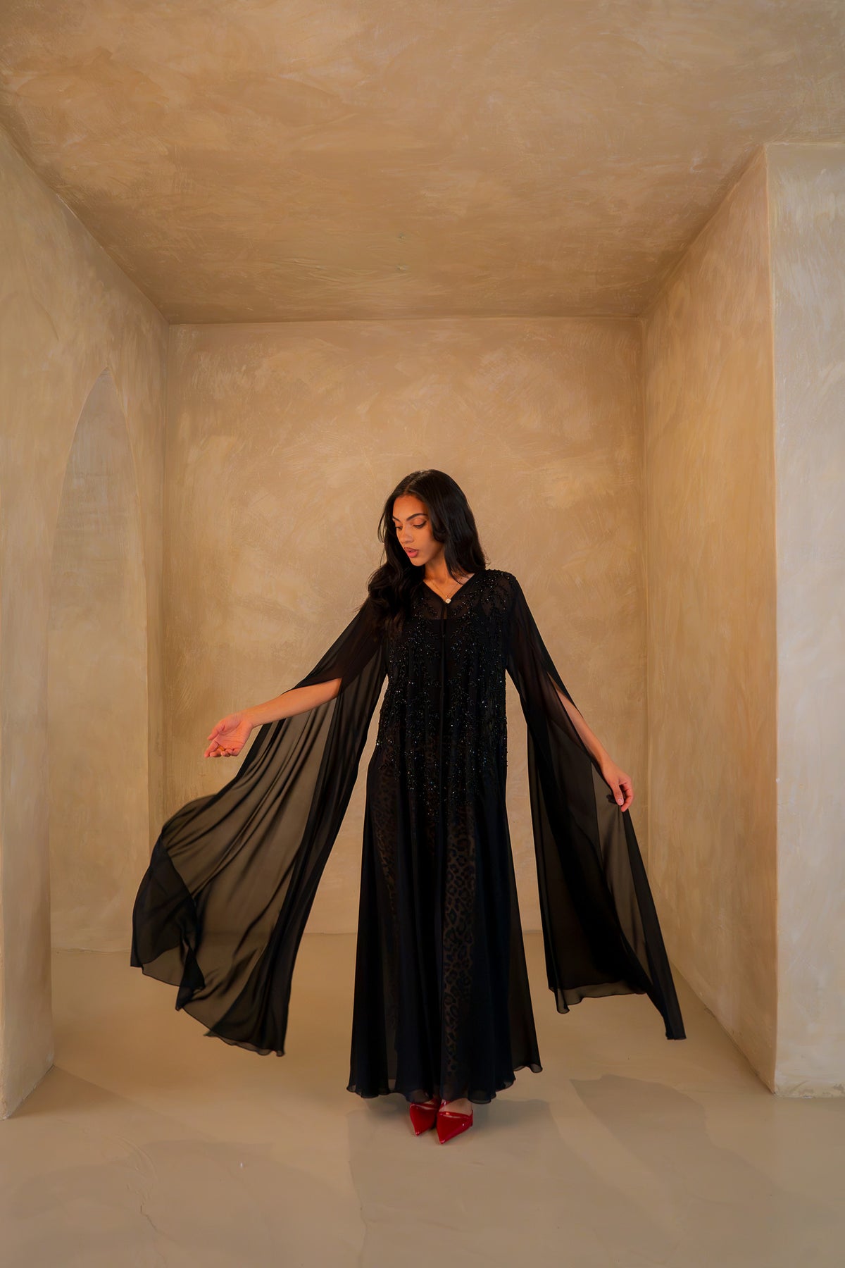 Beaded Chiffon Abaya With Elegant Flowy Sleeves