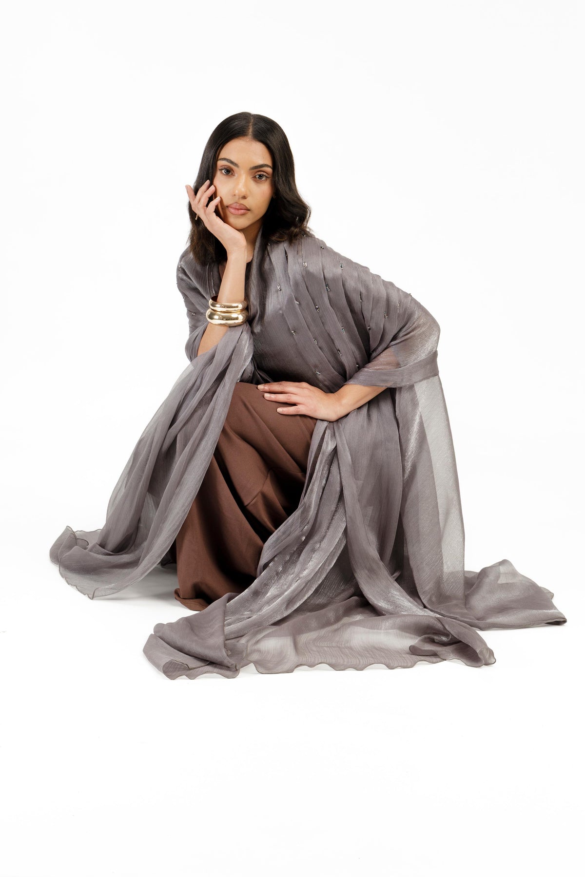 Beaded Cape Abaya - Gunmetal Gray