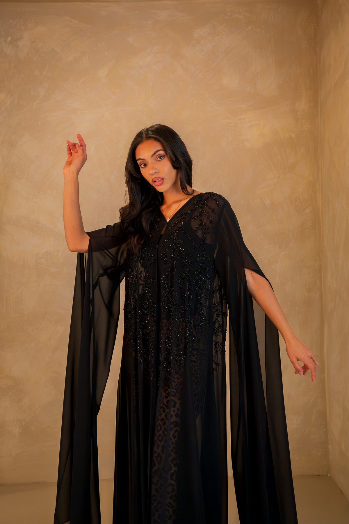 Beaded Chiffon Abaya With Elegant Flowy Sleeves