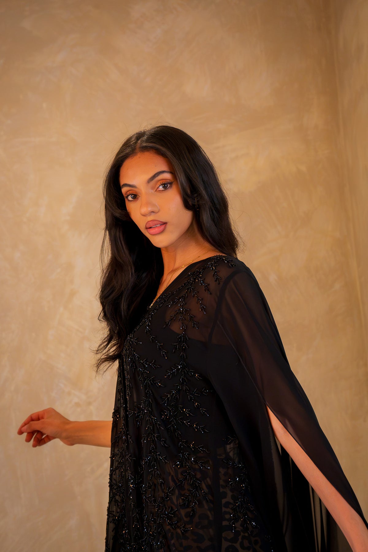 Beaded Chiffon Abaya With Elegant Flowy Sleeves