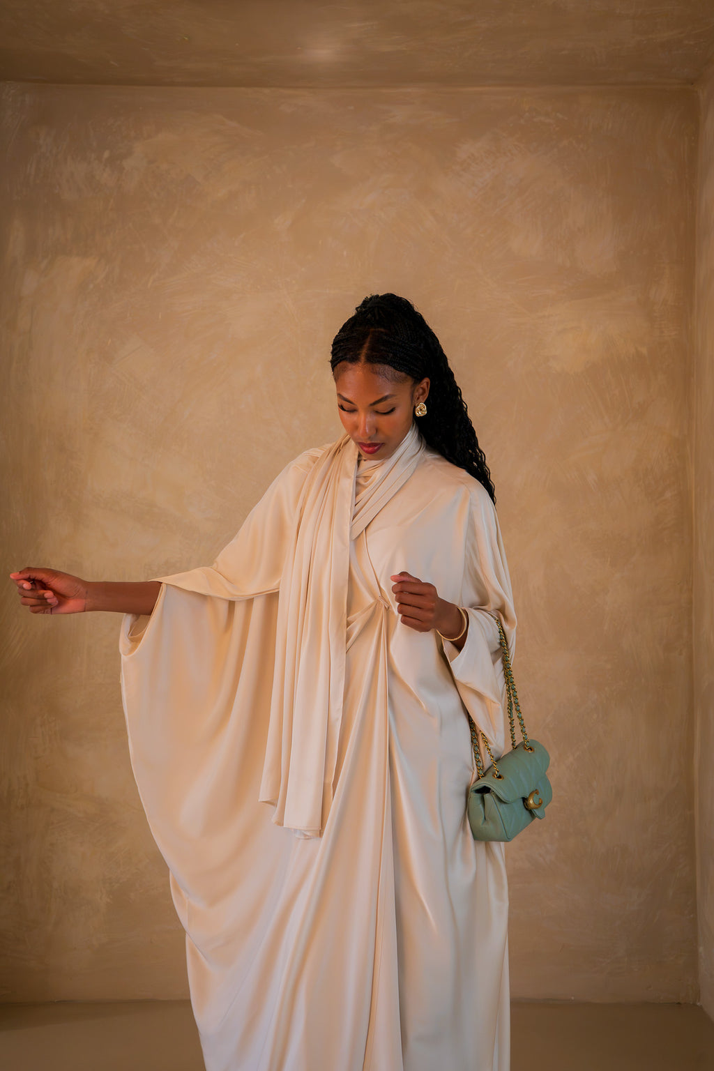 Pleated Wrap Abaya - off white / cream