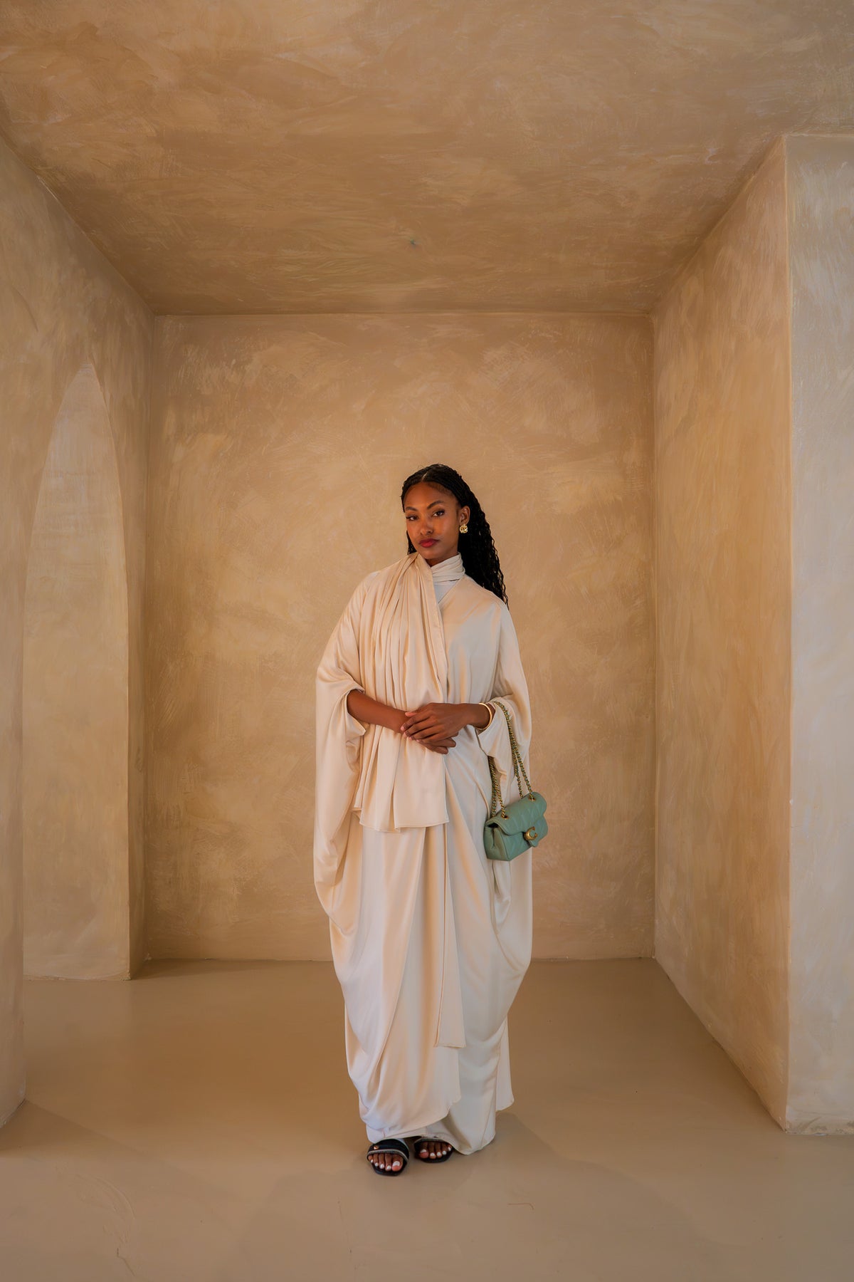 Pleated Wrap Abaya - off white / cream