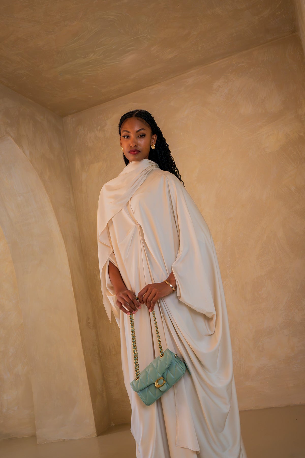 Pleated Wrap Abaya - off white / cream